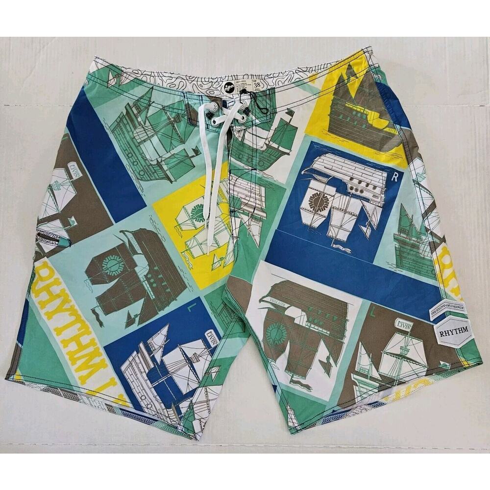 Rhythm Board Shorts Mens Size 38 Lightweight Unlined Surf Swim Green Blue Boats‎